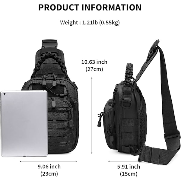 Skuldertaske Taktisk Militær Molle Skuldertaske til Mænd Brysttaske Multifunktionel Rygsæk til Jagt Cykling, Sort