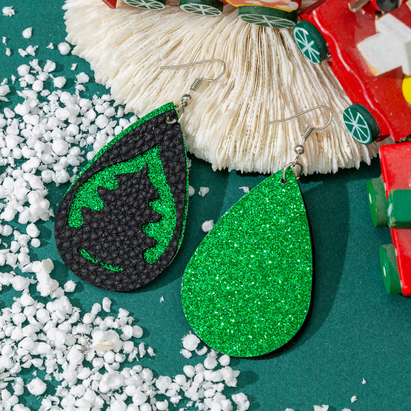 Nahkaiset tupla roikkuvat korvakorut Joulukuusi leikattu huurteinen glitter korvakorut