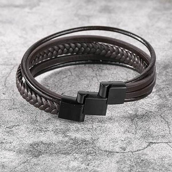 Herrarmband i äkta läder och armband i rostfritt stål Multi justerbart svart eller brunt läderarmband för män Brunt med magnetfog