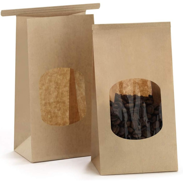 Bagerposer med vindue 50 stk. 9x6x17 cm Små papirposer med tinbindelukning Brune vinduesposer, kaffeposer, småkageposer, slikposer