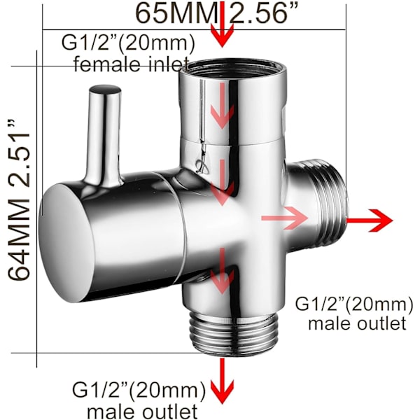Trevägsventil i massiv mässing G1/2" Handdusch Duschkomponenter Universal , krom DSF007