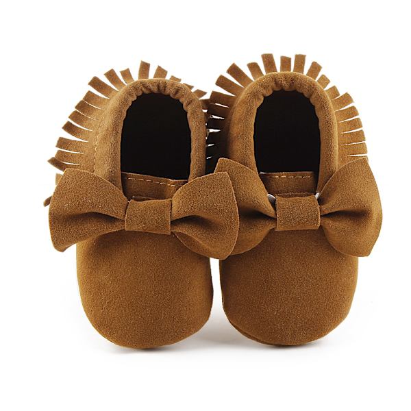 Premium myke mokasiner med såle for babyjenter og -gutter med sklisikre dusker for småbarn (12-18 måneder, Bow-Coffee)
