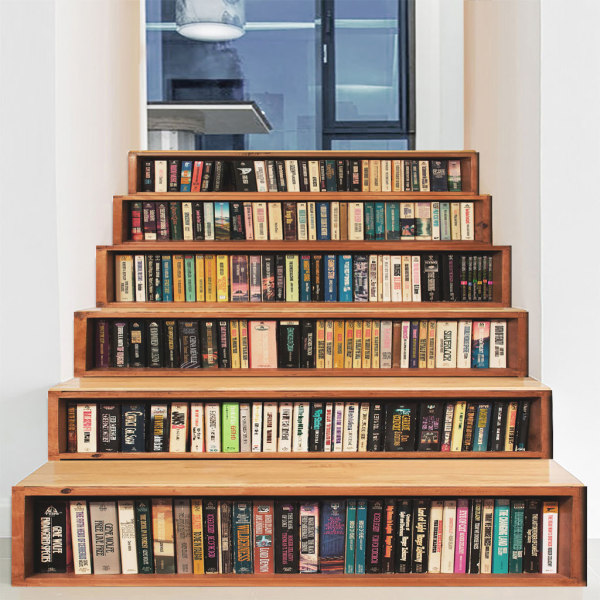 6 stk. 3D Vinyl Selvklebende Trappetrinn Klistremerker Vinyl Trappeklistremerker for Hjemmekontor Bar Dekor 100*18cm Tommer Retro Bokskap