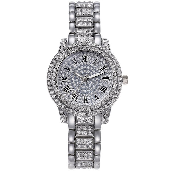 Quartz Ur Herre og Dame All Diamond Modeur + Armbånd Dame Vintage Romersk Stålplade Bånd Armbåndsur (Sølv)
