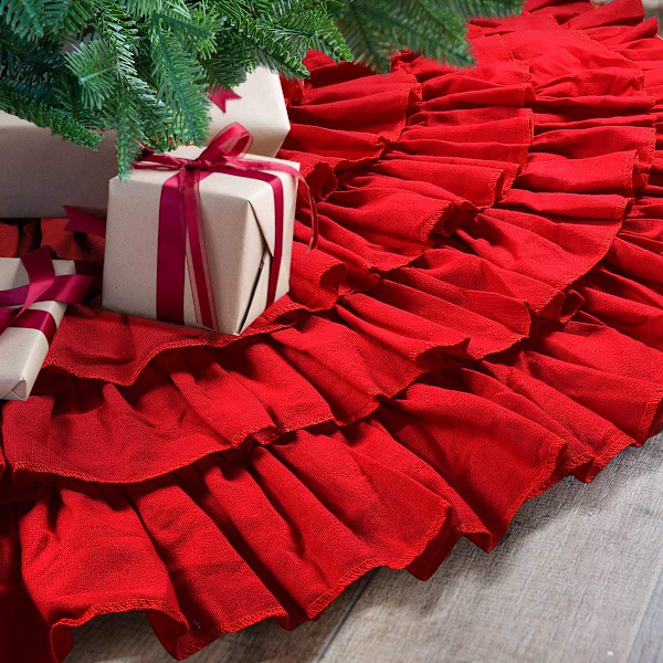 Rød Flæse Juletræstæppe, 122 cm 6-lags Rustikke Bondegårds Julepynt til Julefrokostdekorationer
