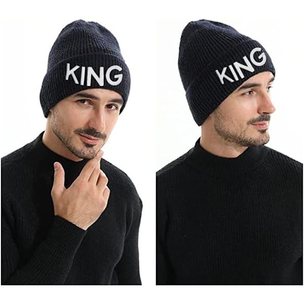 Julklapp till paret King Queen Vinterstickad mössa för honom och henne, svart och vit (vit), svart (2 st)