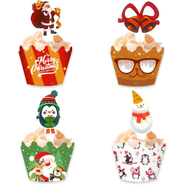 48 Stykker Jule Cupcake Wrappers, Snemand Julemand Cupcake Toppers, Juletræer Pingvin Elg Glædelig Jul Ord Cupcake Wrappers, Jul