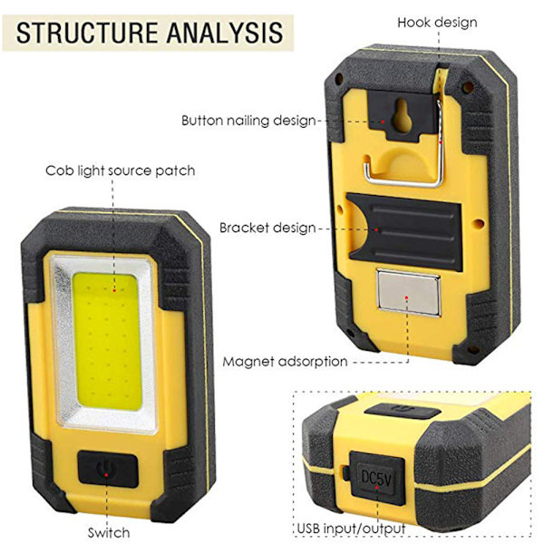 Y36 LED arbejdslys med magnet USB genopladelig bærbar campinglampe COB krog automatisk vedligeholdelseslys powerbank lommelygte udendørs