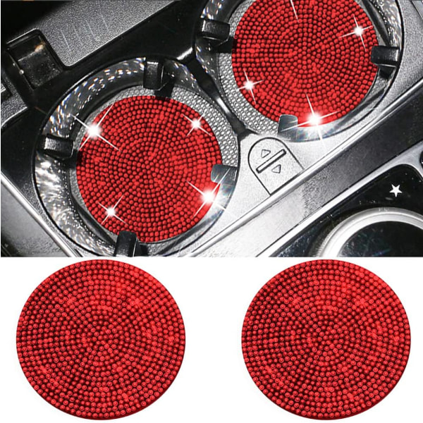 Bling Mugghållare Bil 2st Interiörtillbehör Crystal Rhinestone Universal 2,77 tum Insert Coaster Silikon Anti Slip,Red Diamond