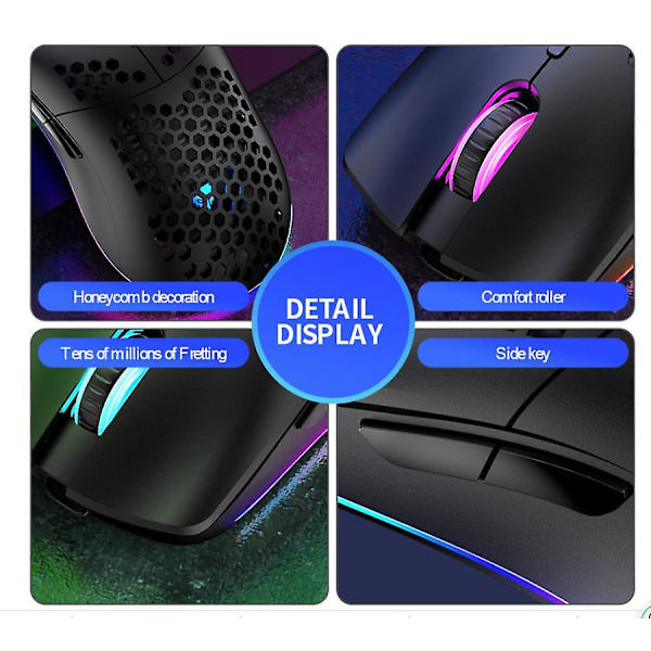 Lätt spelmus med 3200 dpi, Rgb-bakgrundsbelyst och 7 programmerbara knappar, optisk spelmus med Honeycomb Shell (svart)