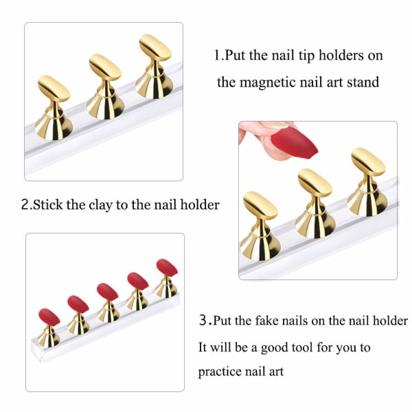 2 st akryl nageldisplayställ DIY nagelkristallstativ magnetiskt övningsställ för manikyrverktyg med falsk nagelspets (guld)