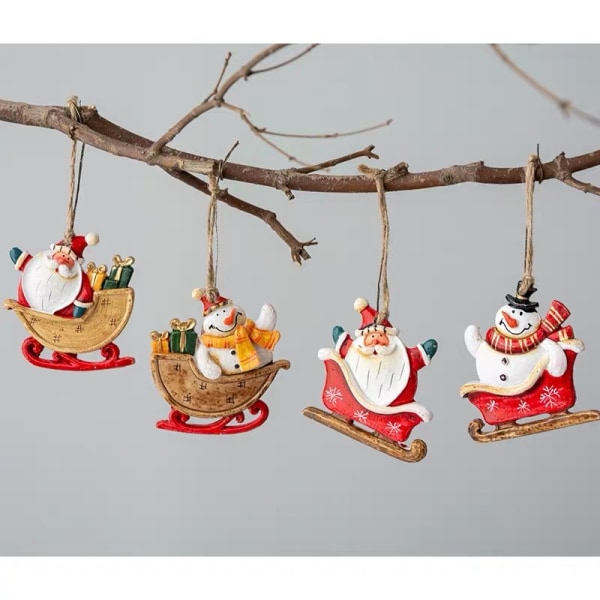 4-delad 7 * 7cm julkåda litet hänge julgranshängande dekorationer Country retro juldekorationer Santa Claus snögubbe skidvagn