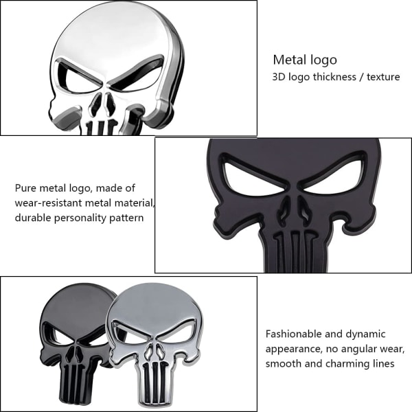 4 delar 3D Skull Car Stickers - Silver och Svart - Metall Skull Car Stickers 58 x 15 mm Punk Style för fordons- och motorcykeldekoration eller utsökt G