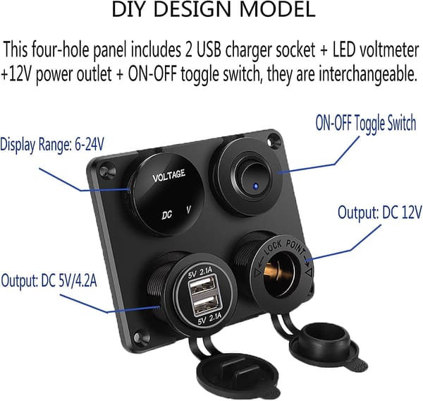 4 i 1 Biloplader Switch Panel, Dobbelt USB-opladerfunktion + LED Voltmeter + On/Off vippekontakt + Cigarettænderstik til Marinebåd