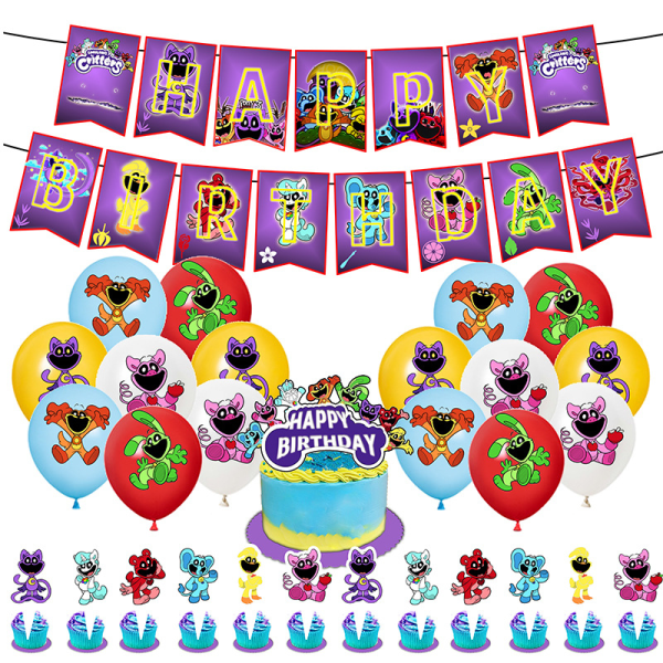 Leende Critters Födelsedagsfest Dekoration Ballong Banner Cake Topper Party Supplies Baby Shower