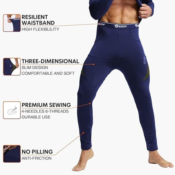 Thermal Set Vinter Jaktutrustning Sport Long Johns Base Layer Low Top Mellanvikt (Marinblå, Medium)