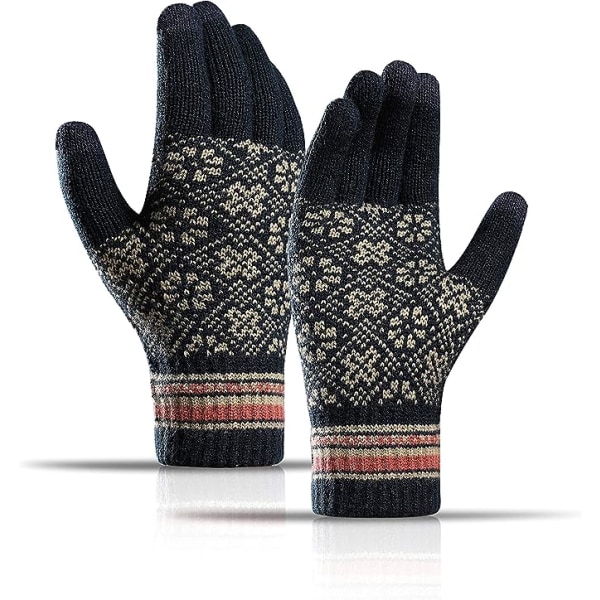 Vinterstickade handskar Pekskärm Varma thermal snömönster Handskar Mjukt foder Elastisk handled för kvinnor män, marinblå