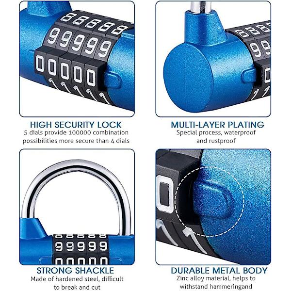 5-siffrigt kombinationshänglås, kombinationslås, återställbart för skolgåva Heilwiy