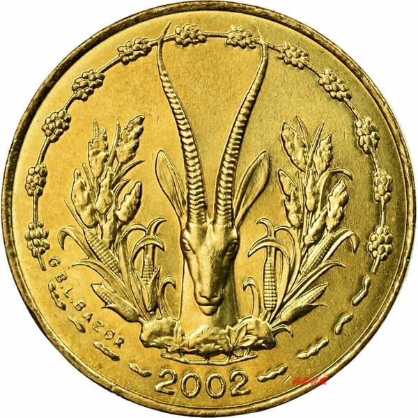 Antelope Västafrikanskt 5 Francs-mynt År Slumpmässig Diameter 20mm