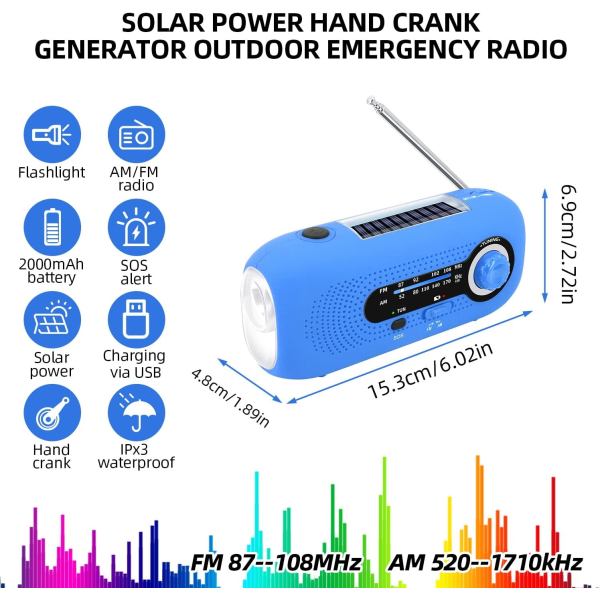 Solar Dynamo Radio, Solar Radio med SOS larm för nödsituationer, IPX3 vattentät radio, AM/FM vevradio, Ficklampa, 2000mAh batteri (blått)