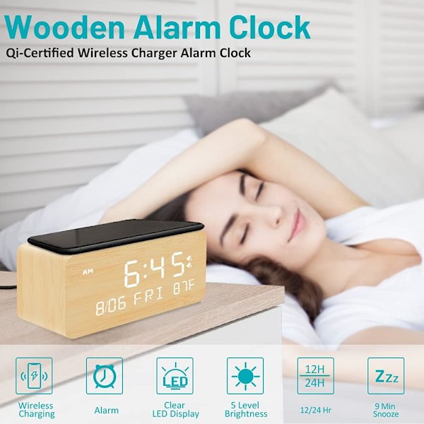 Digital väckarklocka i trä, 0-100 % justerbar ljusstyrka dimmer och larmvolym, veckodag/helgläge, dubbla larm, snooze, 12/24h, trä LED