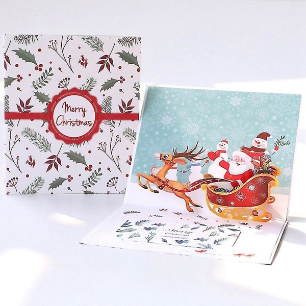 4-delad 3D Christmas Deer Cart Jul 3D gratulationskort Semestervälsignelser Handgjorda kreativa presentkort