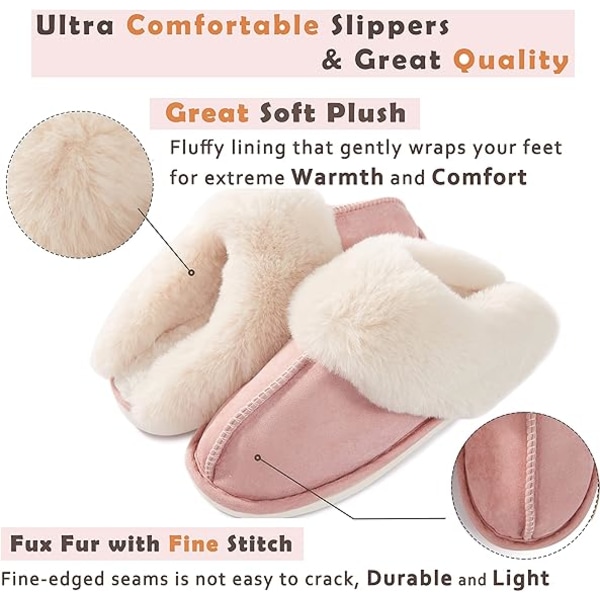 Damtofflor, Memory Foam Fluffiga mjuka varma tofflor, halkfria mysiga plyschtofflor för inomhus utomhus (rosa, stora)