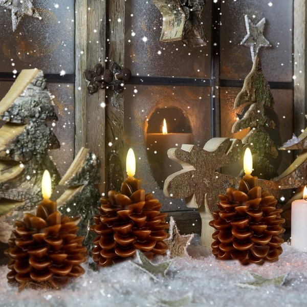 4 stycken höstrealistiskt flamlös konstgjord tallkotte LED-ljus Thanksgiving äkta vax Oparfymerat tallkotteljus Batteri som drivs för juldekoration