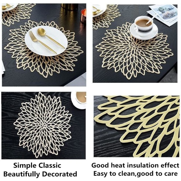 Set med 6 15" runda pressade vinylunderlägg för matbord, tvättbara tvättbara köksunderlägg för bröllopsunderlägg (guld)
