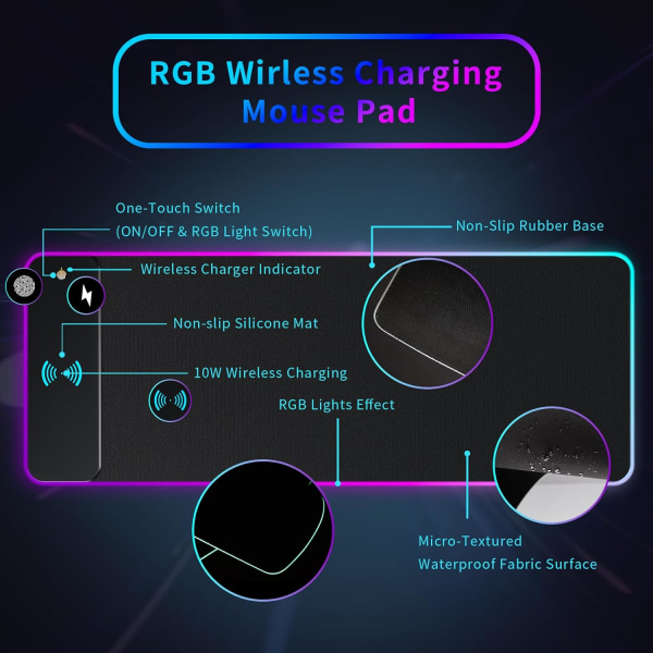 Gaming Musmatta med LED-ljus - RGB - with 15W Wireless Charging,Desk Mat,Large LED MousePad with 10 Light Modes