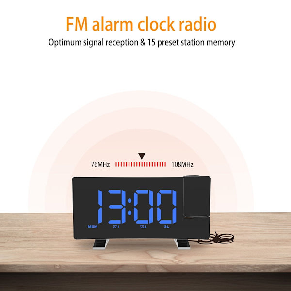 LED Multifunktionel Projektion FM Radio 2 Alarmer 4 Ur Lysstyrke Justerbar med USB Opladningsport