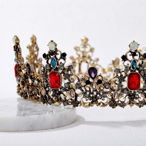 Jeweled Barock Queen Crown - Strassbröllopsdiadem och -kronor för kvinnor, svarta kostymer till festhår med Ruby, Victoria，svart och rött