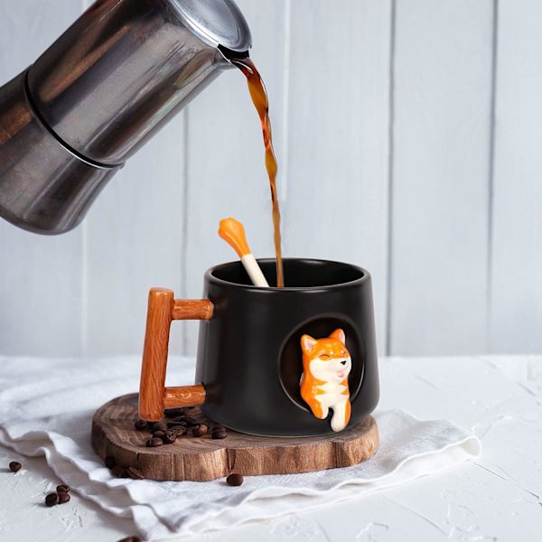 Sød Keramisk Kaffekop, 3D Dyremønster Kop til Te Juice Mælk Chokolade Cappuccino, Sjov Lignende Trædesign Håndtag og Matchende Ske Perfekt