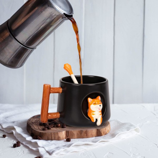 Söt keramisk kaffemugg, 3D-djurmönsterkopp för te Juice Mjölkchoklad Cappuccino, Roligt Lmitation Trädesignhandtag och matchande sked Perfekt
