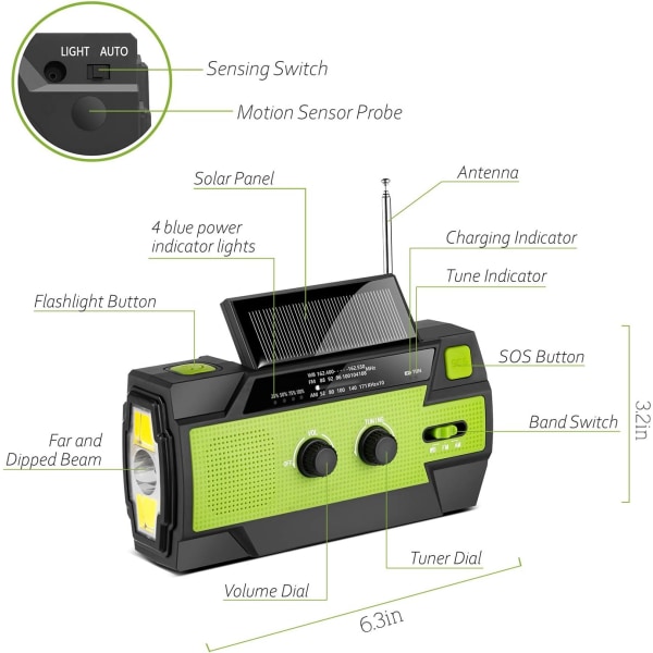 Nödradio, 4000mAh väderradio med handvev och solladdning, 3-växlad LED-ficklampa, SOS-larm, Portable Power Bank, AM/FM/NOAA, Rörelsesensor