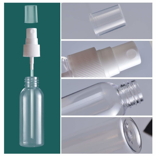 Sprayflaskor, 2 oz/50 ml genomskinliga tomma mini plast findimma reseflaskor set, små påfyllningsbara vätskebehållare (6-pack)
