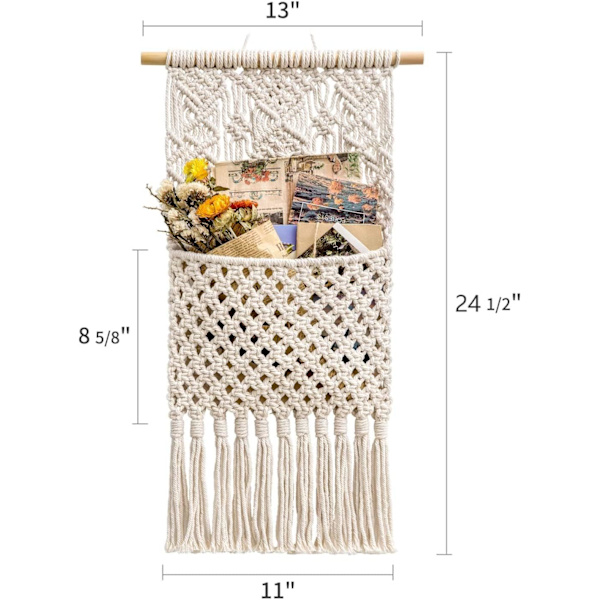 Macrame Magazine Organizer Posthållare Väggfäste Bomullsvävd hängficka, Boho Heminredning, Elfenben, 33cm(B)×73cm(L)