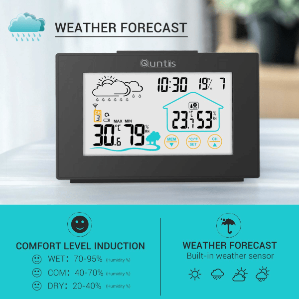 Väderstation, 5” LED Bred Sensor Digital Termometer Hygrometer, Väderklocka Alarm, Trådlös Inomhus Utomhus Hygrometer Termometer med Snooze-funktion