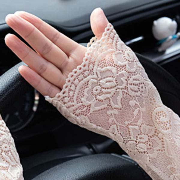 1 par Ice Silk Lace Solskyddsärmar Handskar Sommar Spets Tunna Is UV Arm ärmar Solskydd，Vit