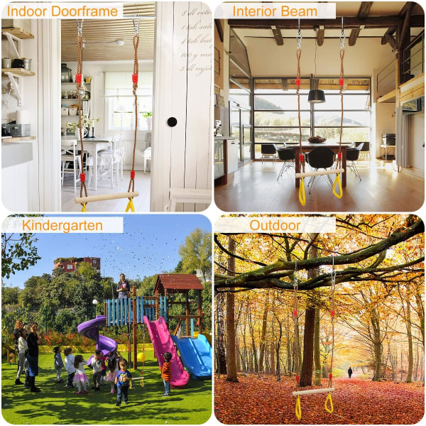 Multifunktionell trapetsgunga i trä med gymnastiska plastringar, trapets för set inomhus utomhus trädgårdsspel, lastkapacitet 120 kg (
