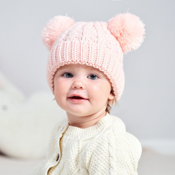 Baby Lue Dobbel Ball Barnelue Høst og Vinter Varm Lue (Rosa)