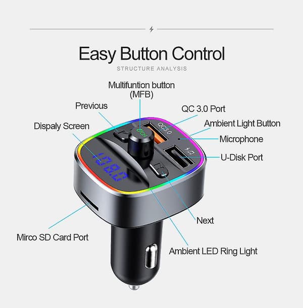 Billader Hurtiglading/ Mp3 Bluetooth-spiller/ FM-sender Fargerike stemningslys