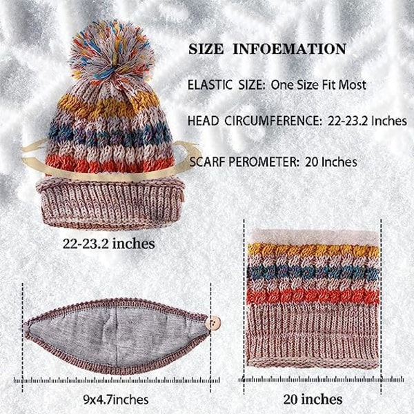 Dam Vintermössa Scarf Mask 3 i 1 Fleecefodrad Stickad Varm Beanies Hattar Scarfs Set med Pompom