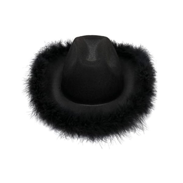 Svart cowgirlhatt med fjäder Boa fluffig fjäderbrätte vuxenstorlek cowboyhatt för möhippa