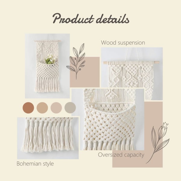 Macrame Magazine Organizer Posthållare Väggfäste Bomullsvävd hängficka, Boho Heminredning, Elfenben, 33cm(B)×73cm(L)