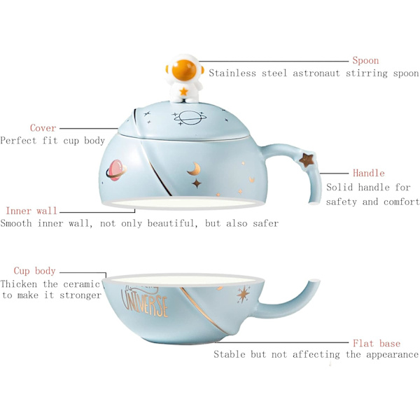 Keramiske kaffekrus med lokk, astronaut rustfritt stål skje, Morning Ember soppkrus og melkekopp for kvinner eller menn, himmelblå 400ml/15oz