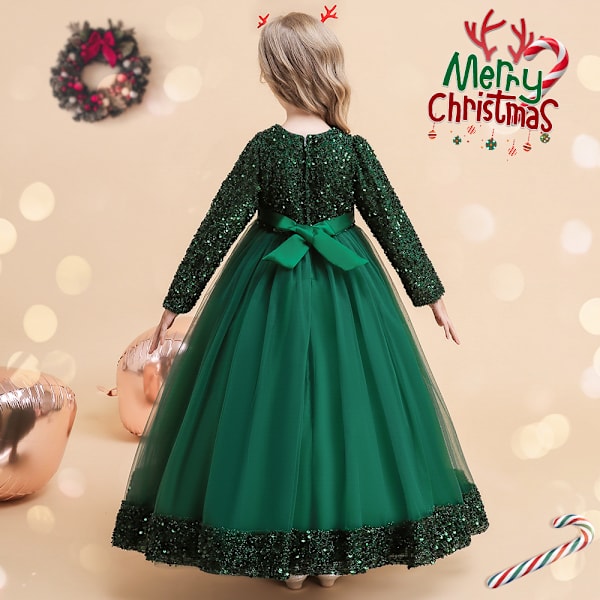 1-delad långärmad julklänning för flickor Paljett Poncho Princess Dress (grön)