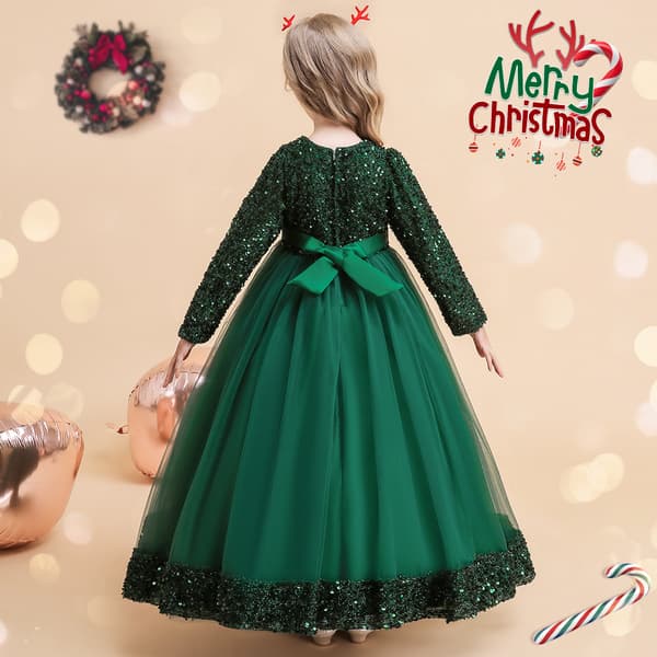 1 stk. Langærmet Julekjole til Piger Sequin Poncho Prinsessekjole (Grøn)