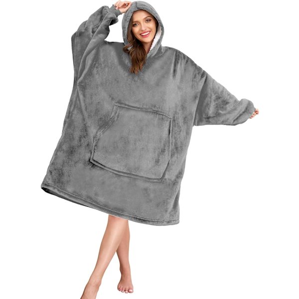 Blanket Hoodie Bærbar Tæppe, Super Varm Dame og Herre, Oversized Hoodie Tæppe med Ærmer og Kæmpe Lomme (Lys Grå)