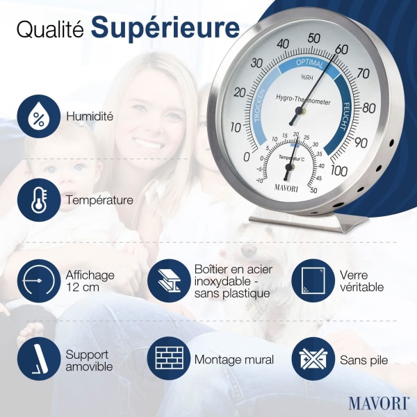 Analog hygrometertermometer för inomhusbruk - Hygrometer i rostfritt stål och rumstermometer för inomhusklimatkontroll